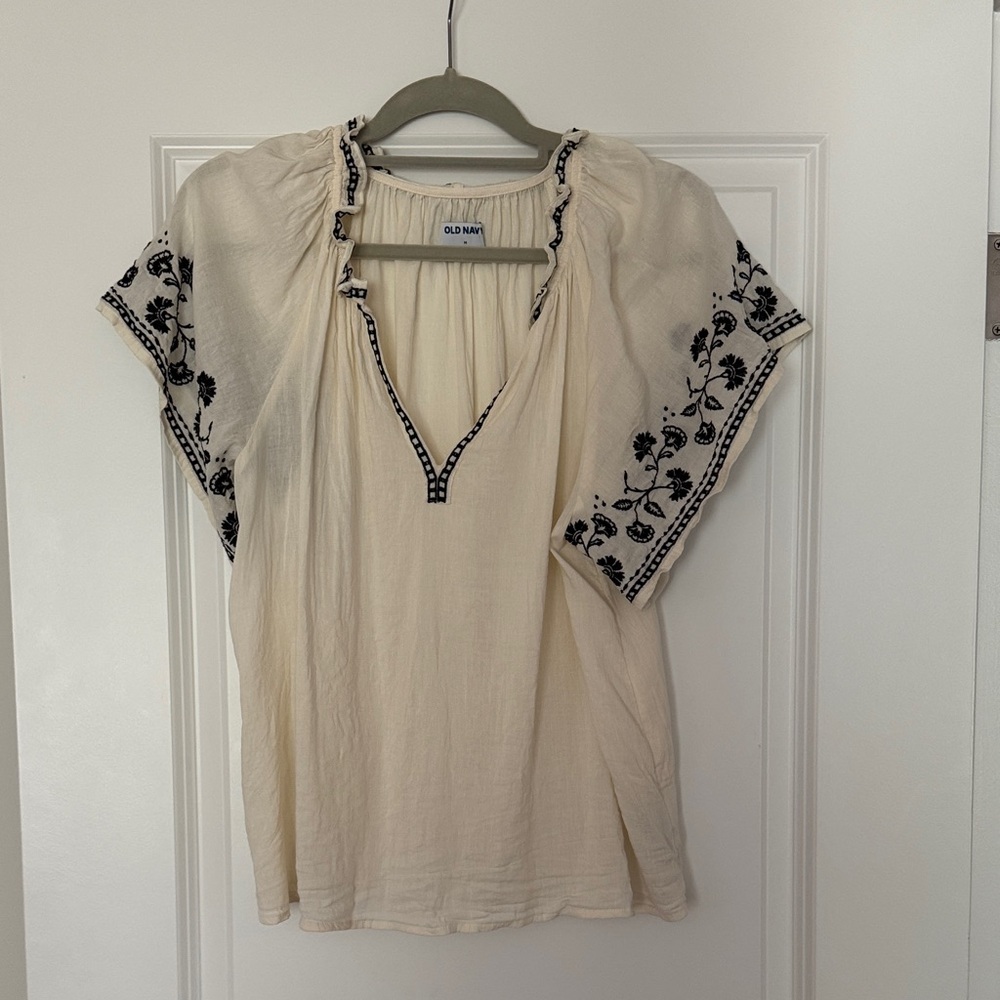 Ivory Blouse with Black Floral Embroidery